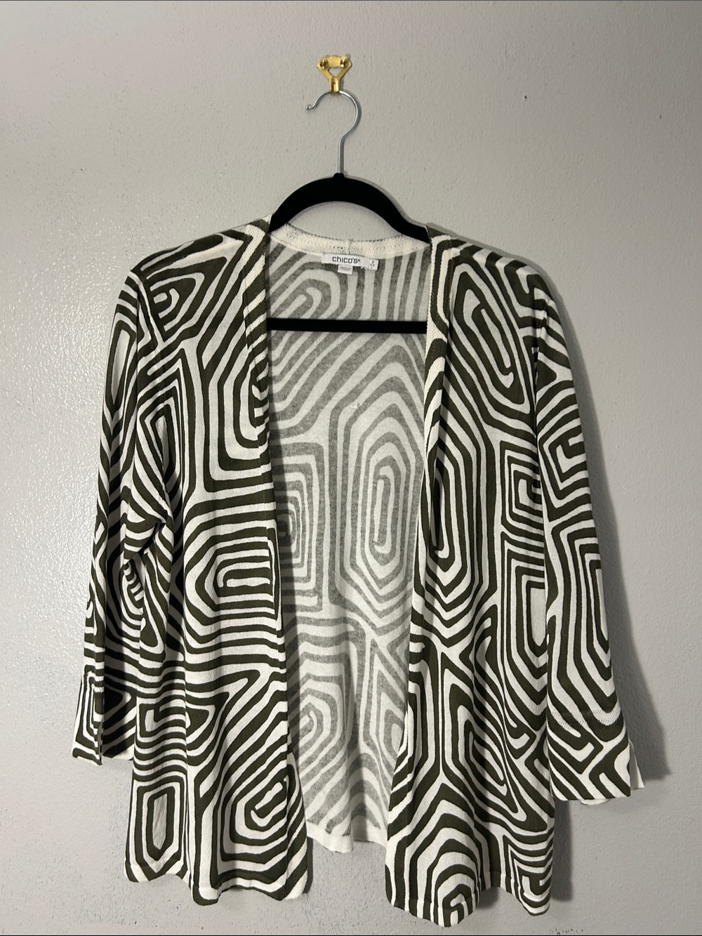 Chico's Olive and White Geometric Open-Front Cardigan
